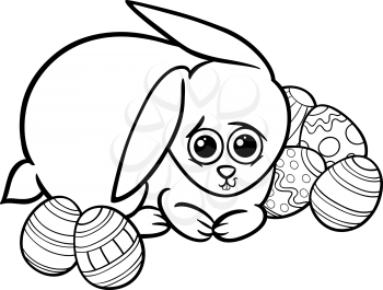 Black and White Cartoon Illustration of Cute Easter Bunny with Paschal Eggs for Coloring Book