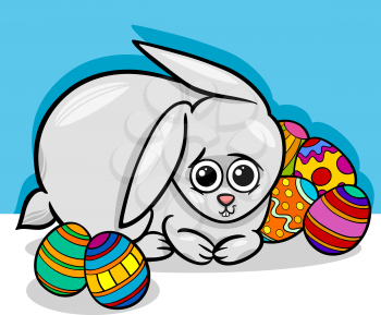 Cartoon Illustration of Cute Easter Bunny with Paschal Eggs