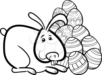 Black and White Cartoon Illustration of Easter Bunny with Paschal Eggs for Coloring Book