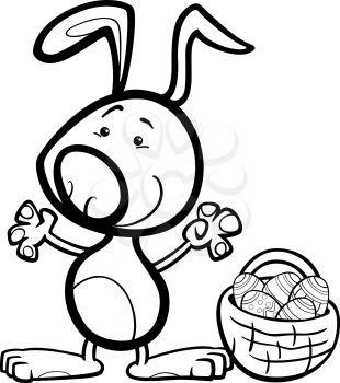 Black and White Cartoon Illustration of Cute Easter Bunny with Basket full of Paschal Eggs for Coloring Book