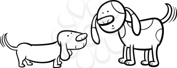 Black and White Cartoon Illustration of Two Funny Dogs Wagging their Tails for Coloring Book