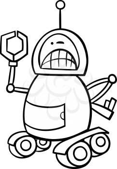 Black and White Cartoon Illustration of Angry Robot or for Coloring Book