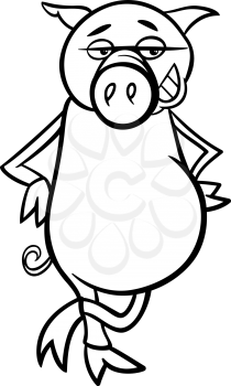 Black and White Cartoon Illustration of Funny Pig Farm Animal for Coloring Book