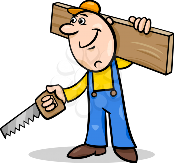 Cartoon Illustration of Worker with Saw and Plank doing Renovation