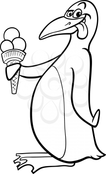 Black and White Cartoon Illustration of Funny Penguin with Ice Cream for Coloring Book