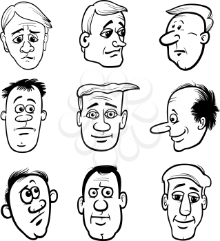 Black and White Cartoon Illustration of Men Heads Characters and Emotions or Expressions