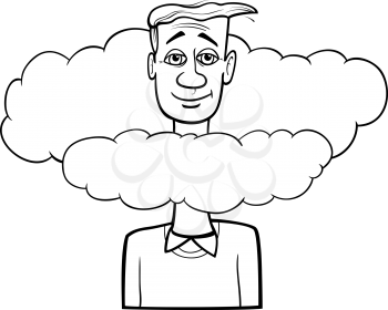 Black and White Cartoon Humor Concept Illustration of Head in the Clouds Saying or Proverb for Coloring Book