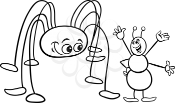 Black and White Cartoon Illustration of Ant and Long Legs Opilion Arachnid or Harvestman Insects Characters for Coloring Book