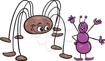 Cartoon Illustration of Ant and Long Legs Opilion Arachnid or Harvestman Insects Characters