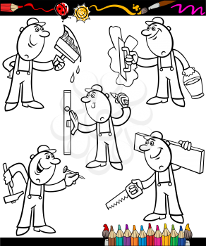 Coloring Book or Page Cartoon Illustration of Black and White Funny Manual Workers at Work Set for Children Education