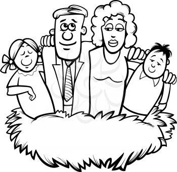 Black and White Cartoon Humor Concept Illustration of Family Nest Saying for Coloring Book