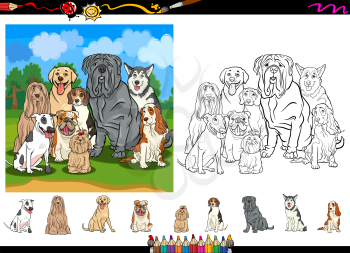 Cartoon Illustrations of Funny Purebred Dogs Characters Group for Coloring Book with Elements Set