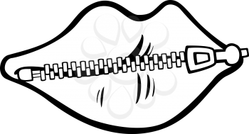 Black and White Cartoon Concept Illustration of Zipped Lips Saying or Proverb