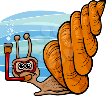 Cartoon Illustration of Funny Sea Snail Mollusk Underwater