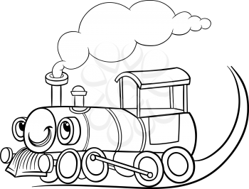 Black and White Cartoon Illustration of Funny Steam Engine Locomotive or Puffer Belly Train Transport Character for Coloring Book