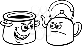 Black and White Cartoon Humor Concept Illustration of Pot Calling the Kettle Black Saying or Proverb for Coloring Book