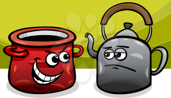 Cartoon Humor Concept Illustration of Pot Calling the Kettle Black Saying or Proverb