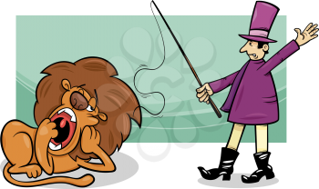 Cartoon Humor Illustration of Tamer and Bored Lazy Lion