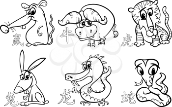 Black and White Cartoon Illustration of Six Chinese Zodiac Horoscope Signs Set