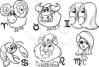 Black and White Cartoon Illustration of Horoscope Zodiac Signs Set
