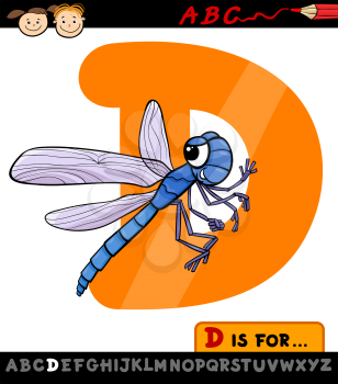 Cartoon Illustration of Capital Letter D from Alphabet with Dragonfly for Children Education