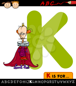 Cartoon Illustration of Capital Letter K from Alphabet with King for Children Education