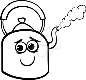 Black and White Cartoon Illustration of Funny Kettle with Hot Steam for Coloring Book