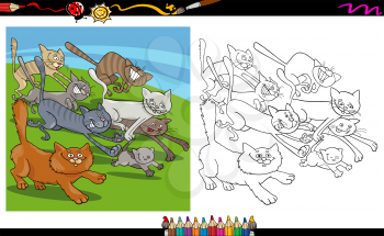 Cartoon Illustrations of Running Cats Characters Group for Coloring Book
