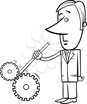 Black and White Concept Cartoon Illustration of Saboteur Man or Businessman putting stick in Cogs to Spoil a Machine
