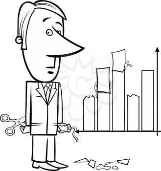 Black and White Concept Cartoon Illustration of Man or Businessman Handling or Missleading Graph Data