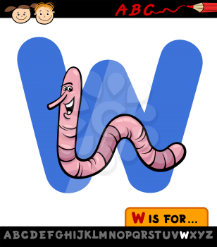 Cartoon Illustration of Capital Letter W from Alphabet with Worm for Children Education