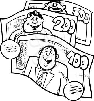 Black and White Cartoon Humor Concept Illustration of Money Talks Saying or Proverb for Coloring Book