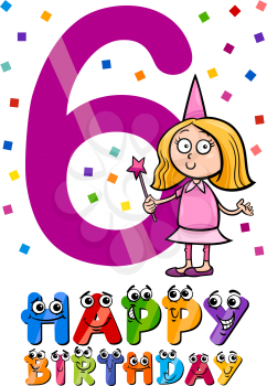 Cartoon Illustration of the Sixth Birthday Anniversary Design for Girls
