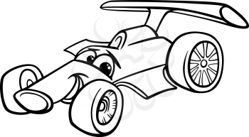 Black and White Cartoon Illustration of Funny Racing Car Vehicle or Bolide Comic Mascot Character for Coloring Book