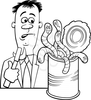 Black and White Cartoon Humor Concept Illustration of Open Can of Worms Saying or Proverb for Coloring Book