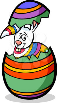 Cartoon Illustration of Funny Bunny in Colorful Eggshell of Easter Egg