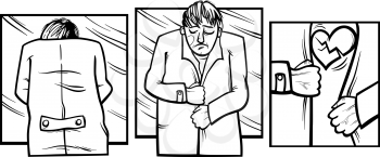 Black and White Cartoon Comic Story Illustration of Sad Man with Broken Heart