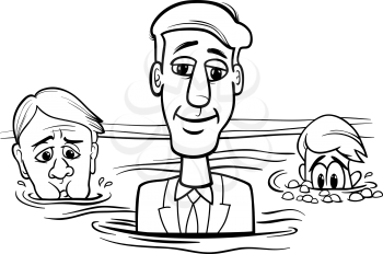 Black and White Concept Cartoon Illustration of Head Above Water Business Saying or Metaphor