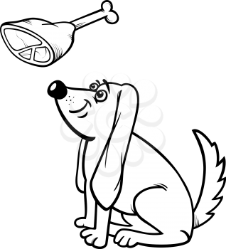 Black and White Cartoon Illustration of Cute Hungry Dog and Haunch with Bone for Coloring Book