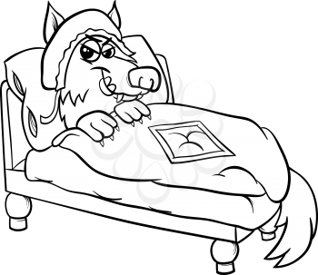 Black and White Cartoon Illustration of Bad Wolf Character pretending Grandma from Little Red Riding Hood Fairy Tale for Coloring Book