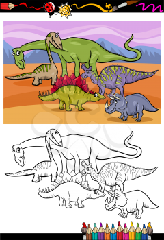 Coloring Book or Page Cartoon Illustration of Color and Black and White Dinosaurs Group for Children