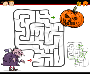 Cartoon Illustration of Education Maze or Labyrinth Game for Preschool Children with Halloween Themes