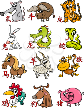 Cartoon Illustration of All Chinese Zodiac Horoscope Signs Set