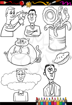 Coloring Book or Page Cartoon Illustration Set of Black and White Proverbs or Sayings for Children