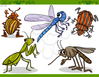 Cartoon Illustration of Happy Insects or Bugs Set like Dragonfly or Mosquito and Mantis