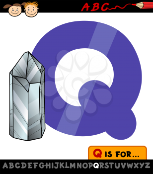 Cartoon Illustration of Capital Letter Q from Alphabet with Quartz for Children Education