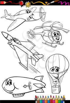Coloring Book or Page Cartoon Illustration Set of Black and White Aircraft or Air Vehicles Characters for Children