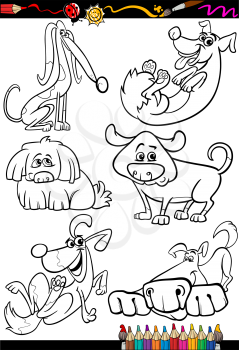 Coloring Book or Page Cartoon Illustration Set of Black and White Dogs and Puppies Characters for Children