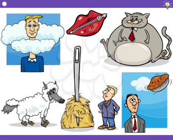 Illustration Set of Humorous Cartoon Concepts or Sayings and Metaphors with Funny Characters