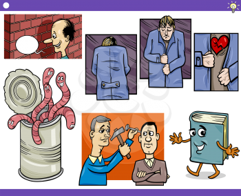 Illustration Set of Humorous Cartoon Concepts or Sayings and Metaphors with Funny Characters